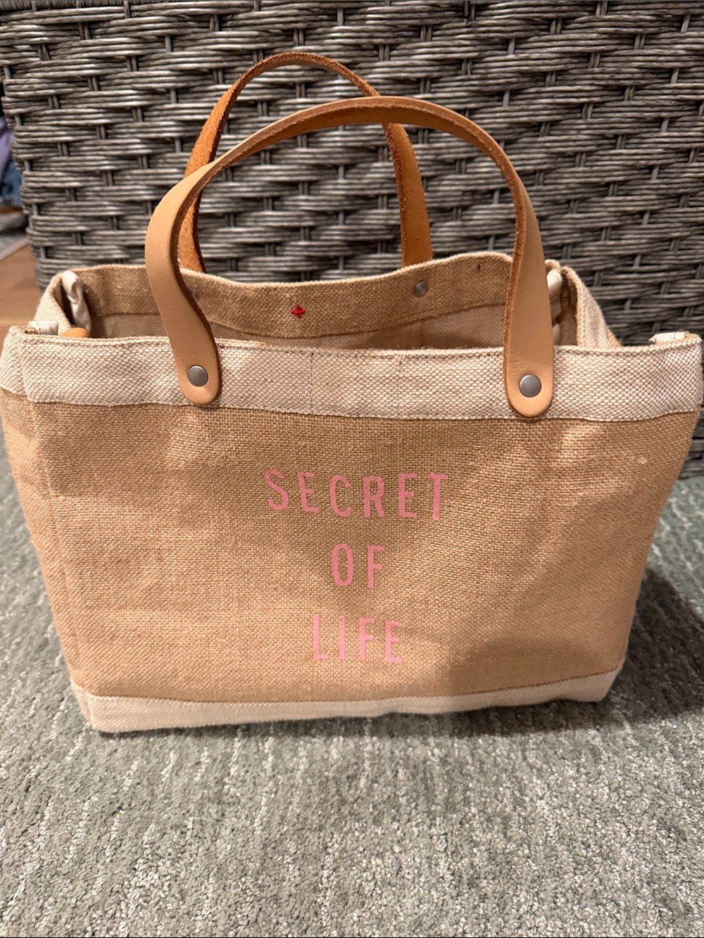 Tan Canvas Tote Bag with Pink Lettering